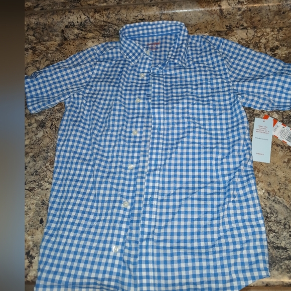 Cat and Jack size large 12/14 blue and white ginghams striped polo style shirt . - Picture 2 of 5